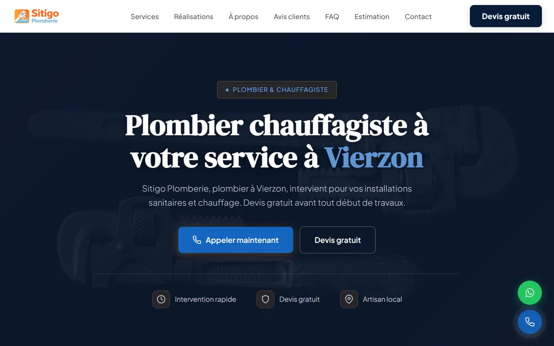 Accueil du site démo Sitigo Plomberie, plombier-chauffagiste à Vierzon