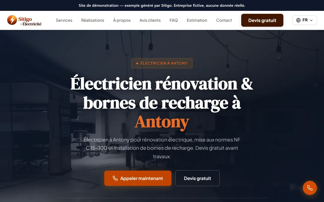 Accueil du site démo Moreau Électricité, électricien à Antony — autre métier, autre identité