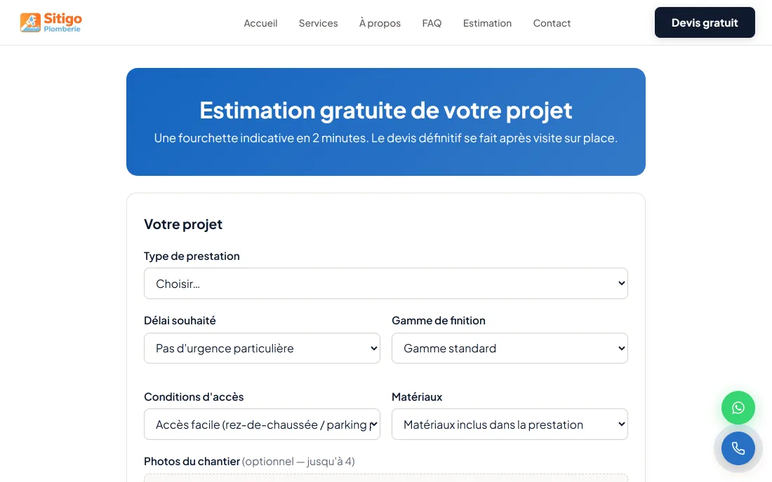 Page d'estimation en ligne du site démo — formulaire de devis