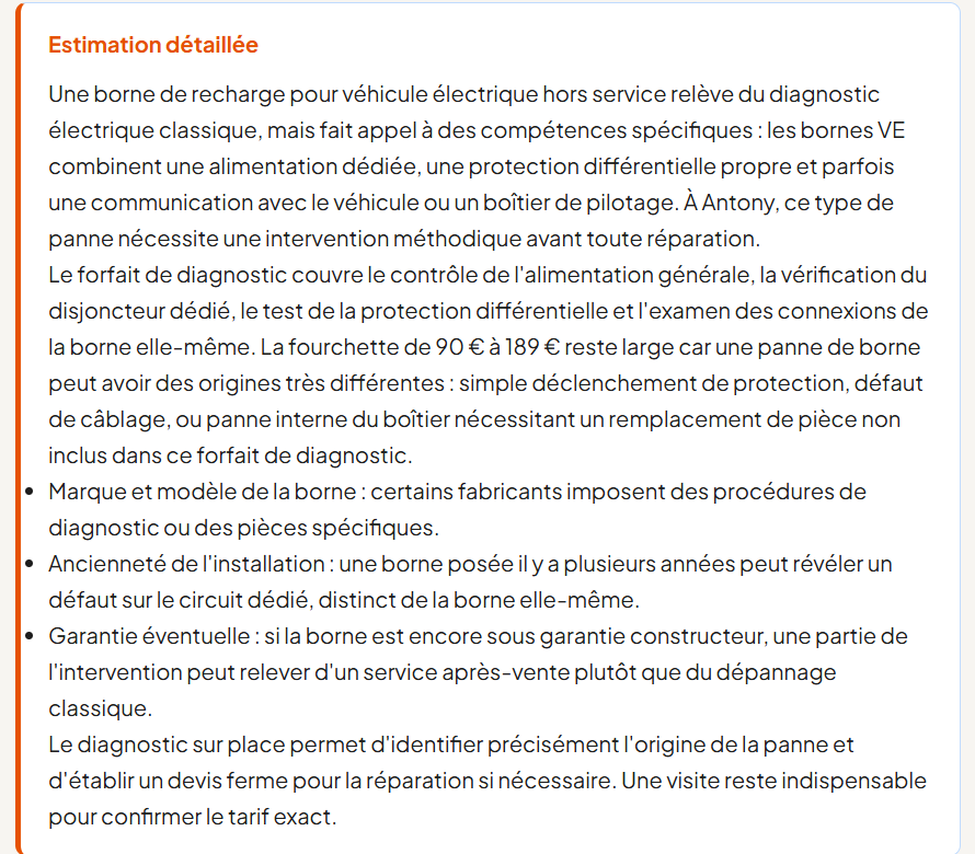 Compl&eacute;ment d&rsquo;estimation r&eacute;dig&eacute; par l&rsquo;IA sur la page devis d&rsquo;un artisan &eacute;lectricien : explication de la fourchette, points qui la font varier, rappel que la visite sur place reste n&eacute;cessaire