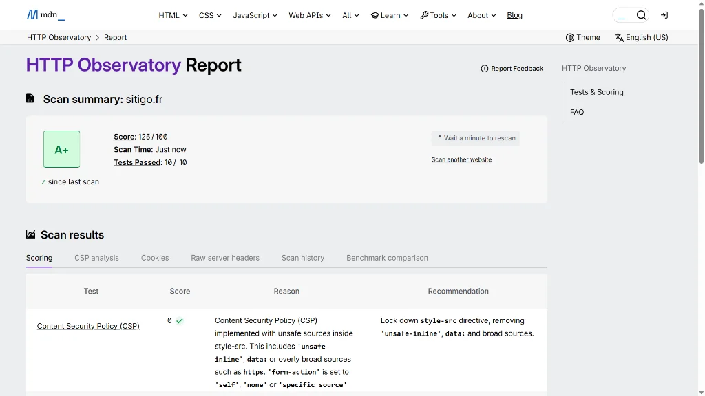 Rapport Mozilla HTTP Observatory sitigo.fr : note A+ (125/100)